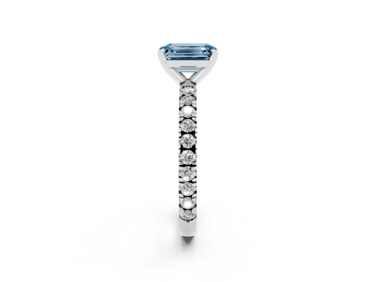 Fancy Blue Emerald Cut Diamond Pavé Band Solitaire with Four-Prong Setting Silver