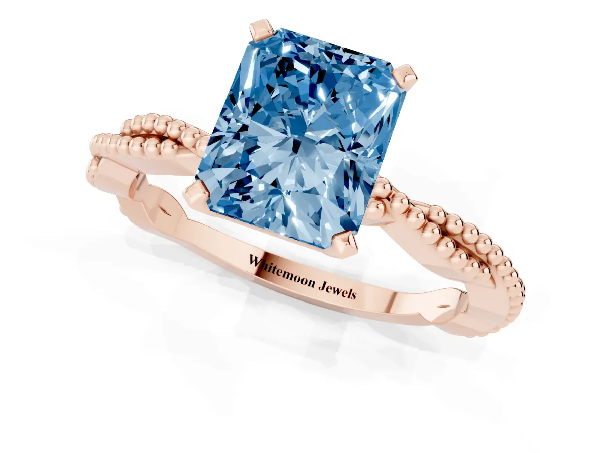 Fancy Blue Radiant Cut Solitaire Twisted Band with Bead Prong Setting Rose gold