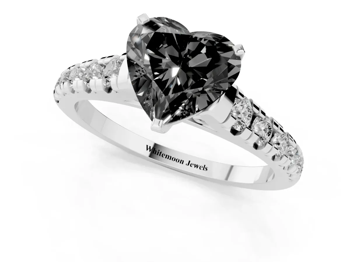 Fancy Black Heart Cut Diamond Cathedral Solitaire Ring with Round Pavé Band Silver