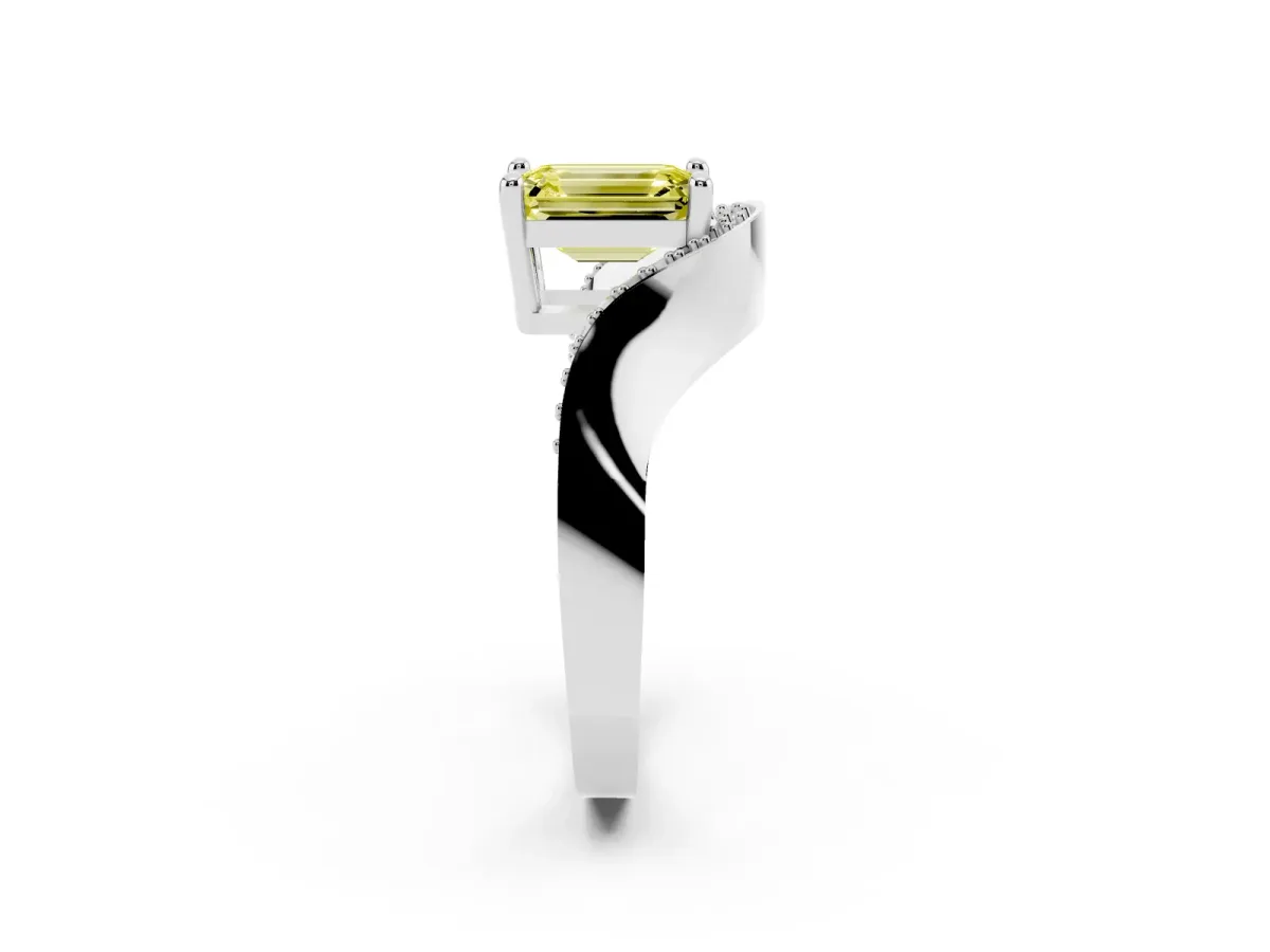 Fancy Yellow Emerald Cut Solitaire Diamond Engagement Ring with Pave Band and Four-Prong Setting White gold