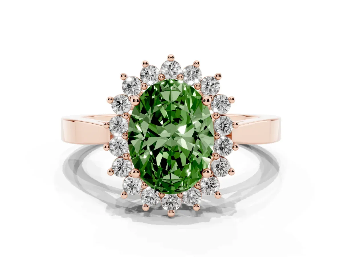 Fancy Green Oval Cut Cut Diamond Halo Ring with Round Brilliant Halo and Solitaire Band Rose gold