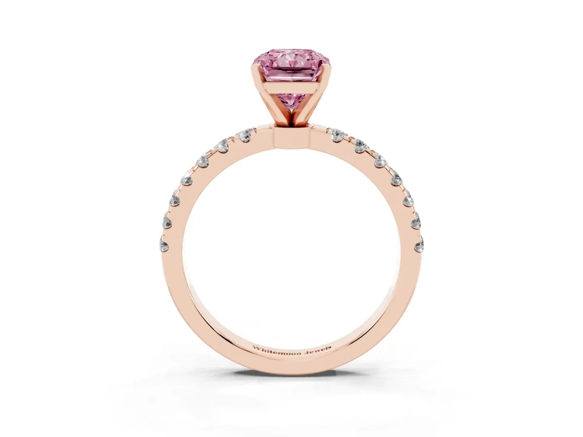 Fancy Pink Radiant Cut Diamond Solitaire Ring with Pavé Accents and Four-Prong Setting Rose gold