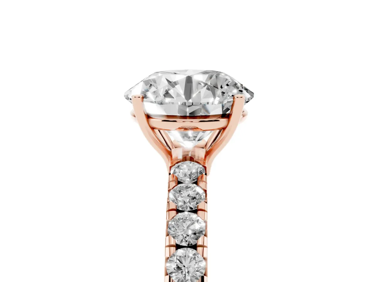 Round Cut Diamond Pavé Solitaire Engagement Ring with Four-Prong Setting Rose gold