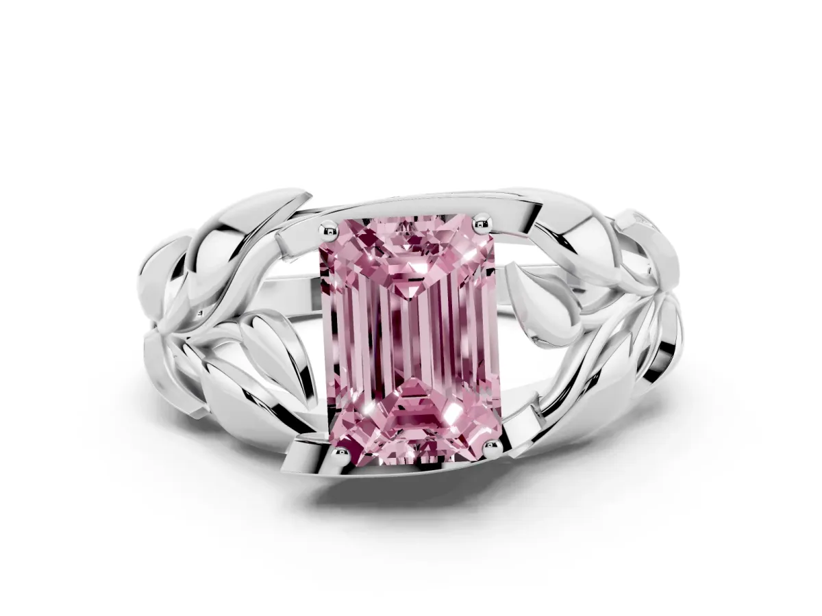 Fancy Pink Emerald Cut Diamond Leaf-Inspired Engagement Ring with Round Accents and Prong Setting Silver