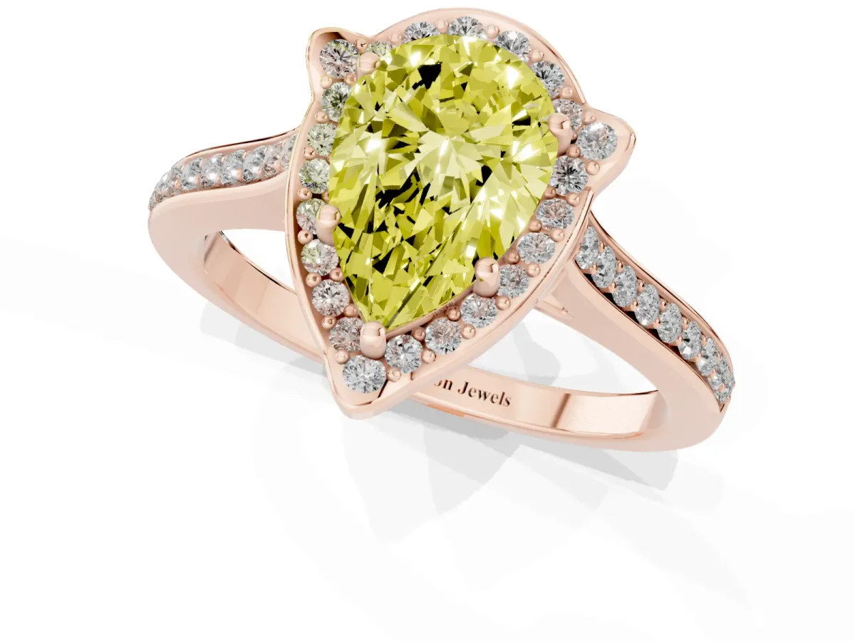 Fancy Yellow Pear Cut Halo Round Diamond Pave Band with Four-Prong Setting Rose gold