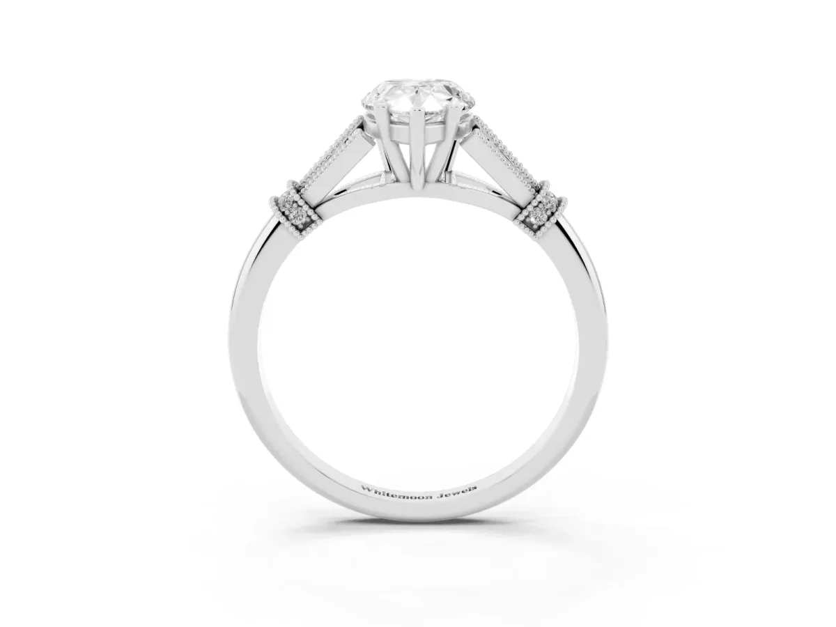 Pear Cut Diamond Solitaire Ring with Floral Filigree and Pave Accents Silver