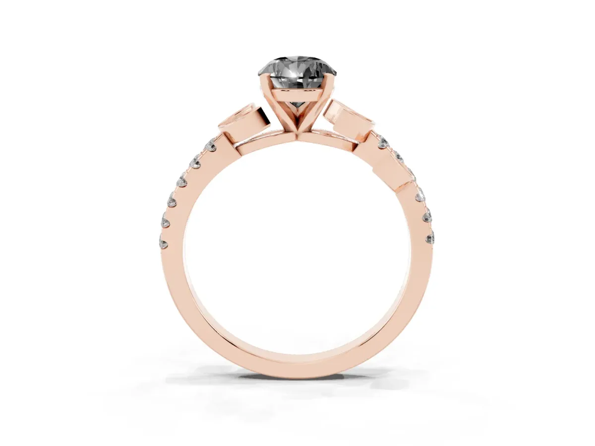 Fancy Black Pear Cut Solitaire Leaf-Inspired Diamond Ring with Pavé Band and Four-Prong Setting Rose gold