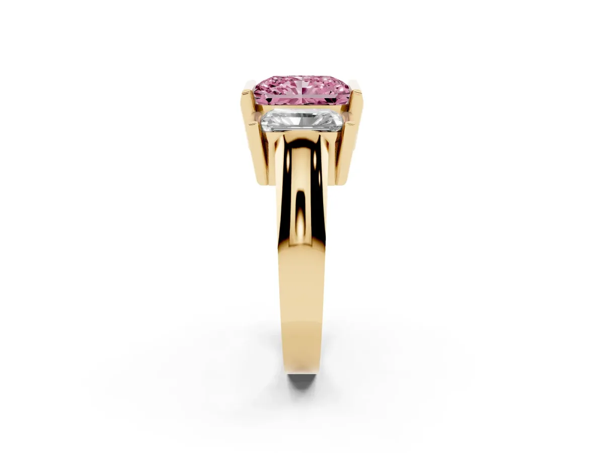 Fancy Pink Three Stone Radiant Cut Cut Channel Set Diamond Ring Yellow gold