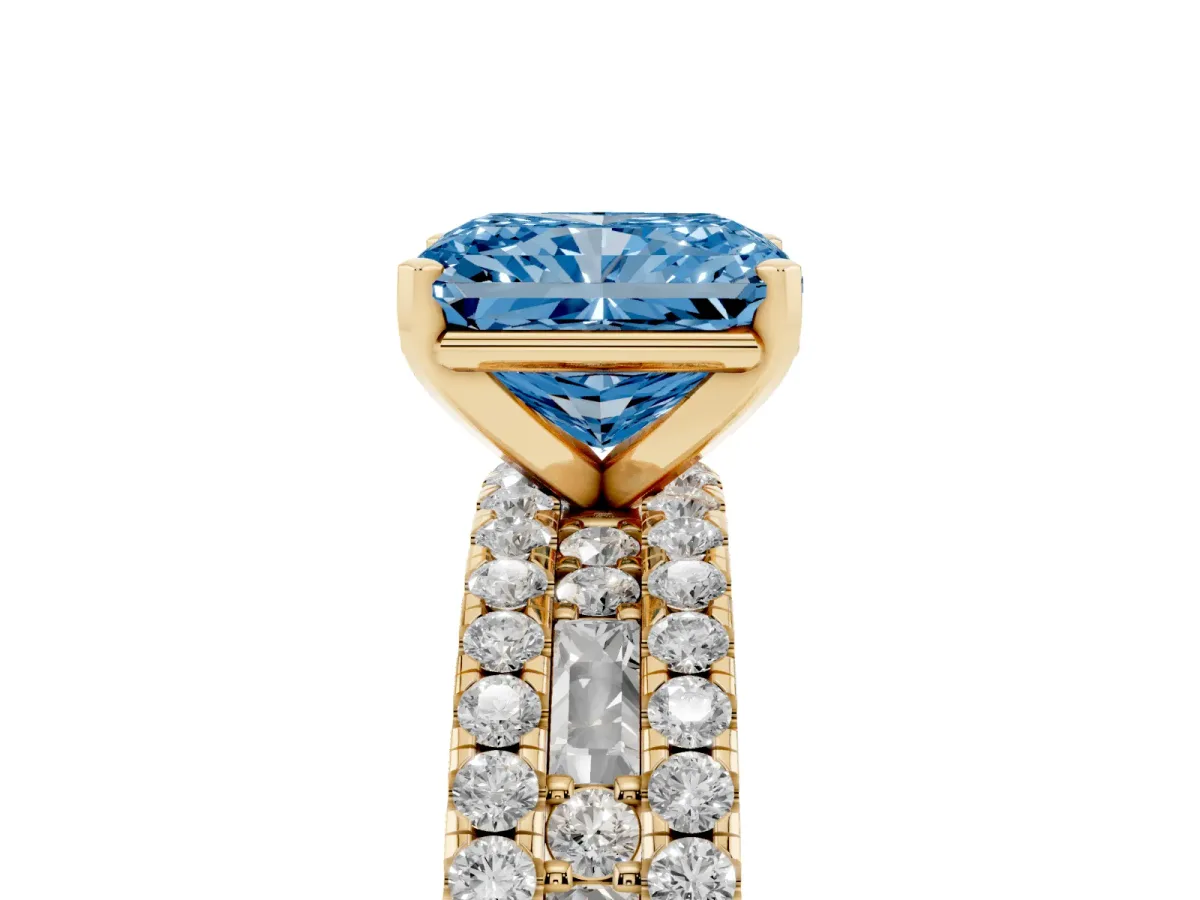 Fancy Blue Radiant Cut Diamond Solitaire Ring with Pavé and Channel Set Band Yellow gold