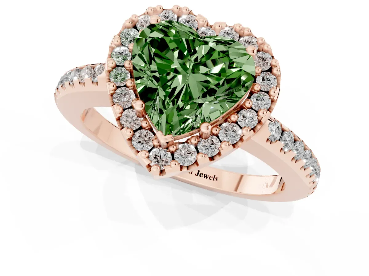 Fancy Green Heart Cut Diamond Pavé Halo Ring with Four-Prong Setting Rose gold