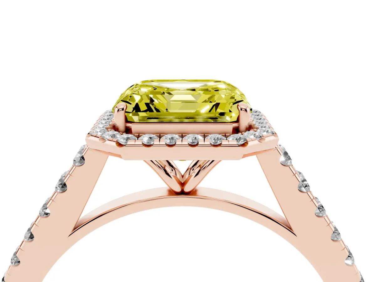 Fancy Yellow Asscher Cut Halo Pave Diamond Engagement Ring with Four-Prong Setting Rose gold
