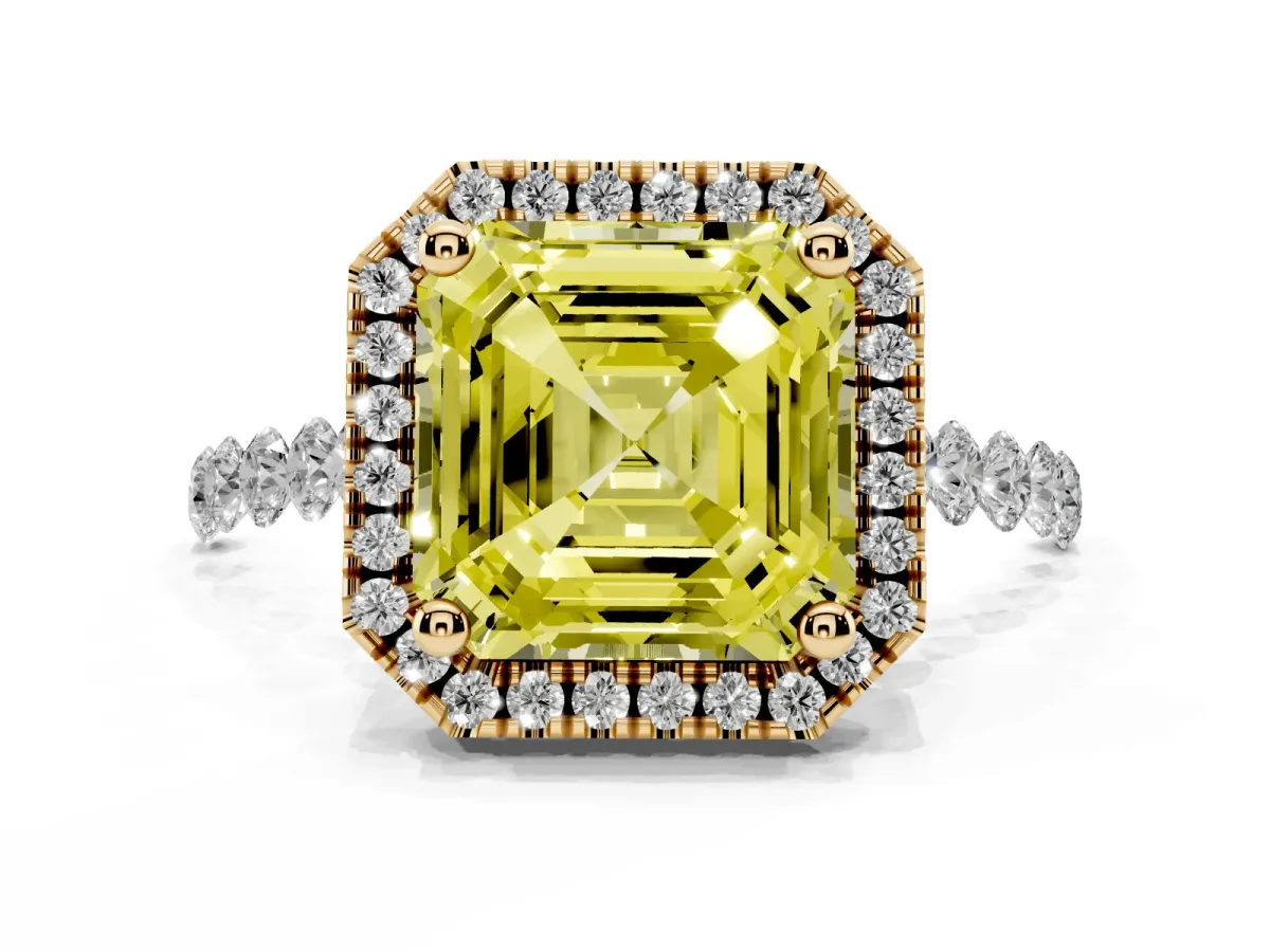 Fancy Yellow Asscher Cut Halo Pavé Diamond Engagement Ring with Four-Prong Setting Yellow gold