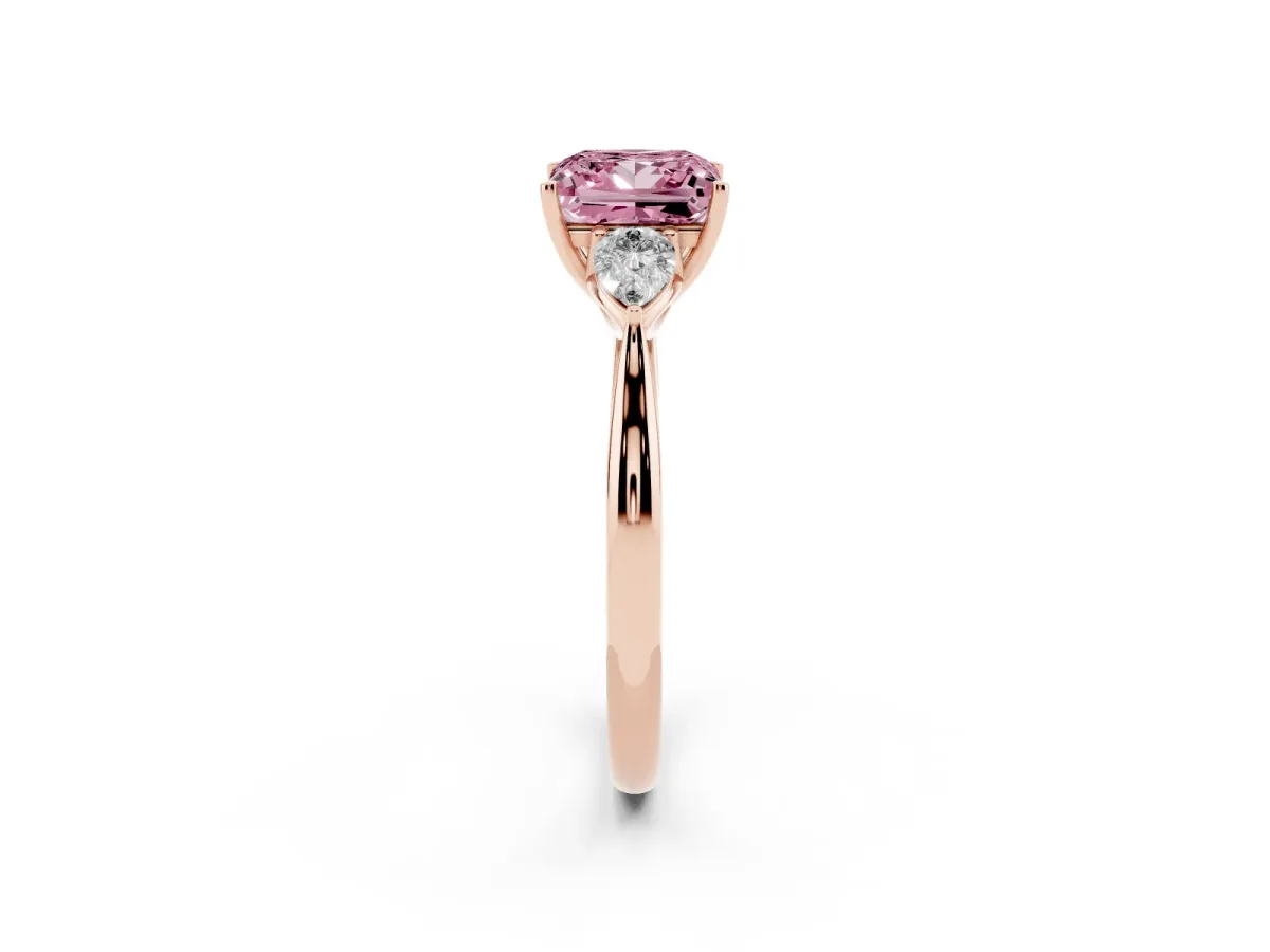 Fancy Pink Three-Stone Princess Cut Diamond Ring with Pear Side Stones in Four-Prong Setting Rose gold