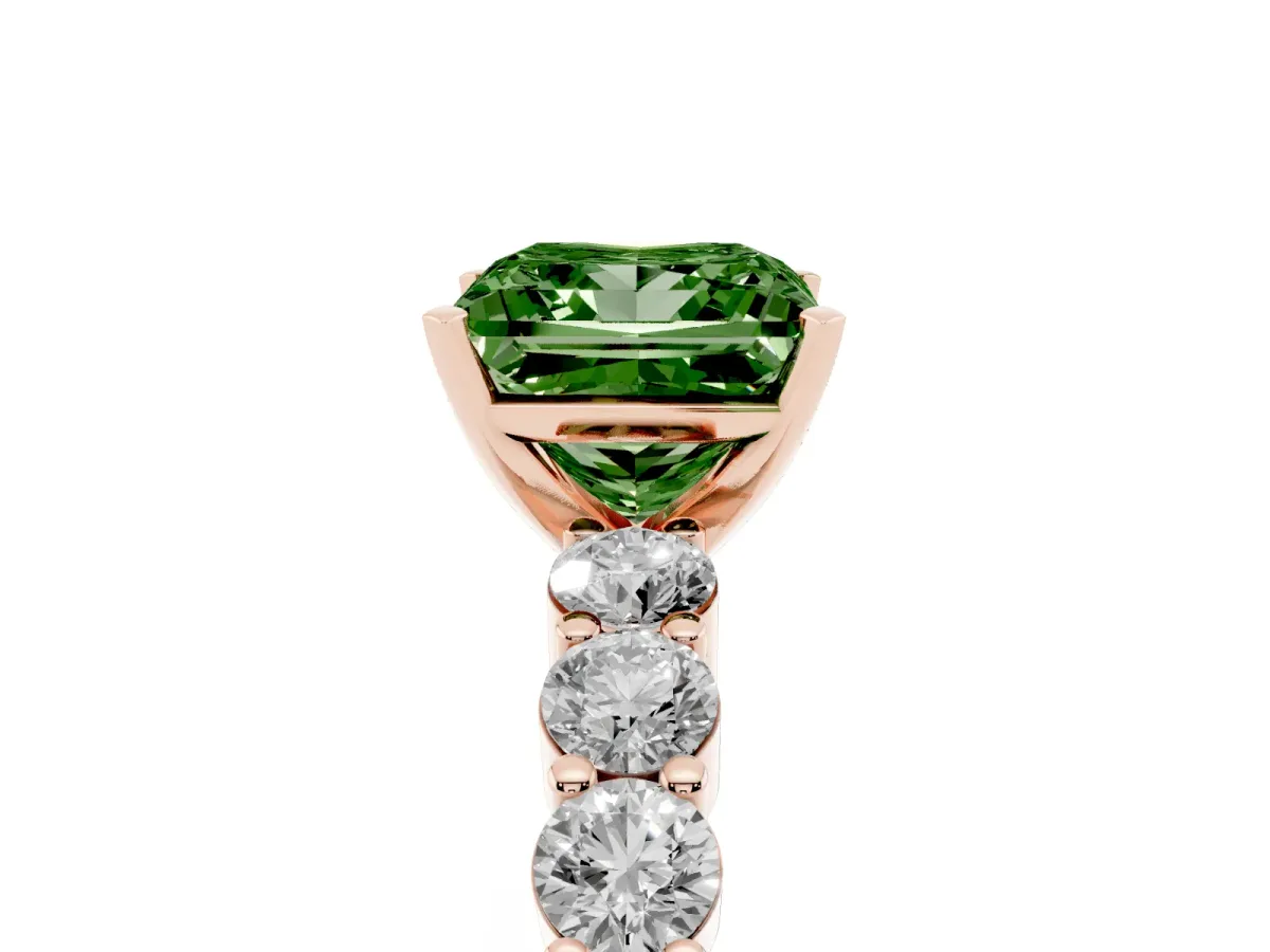 Fancy Green Princess Cut Diamond Solitaire Ring with Shared Prong Round Side Stones Rose gold