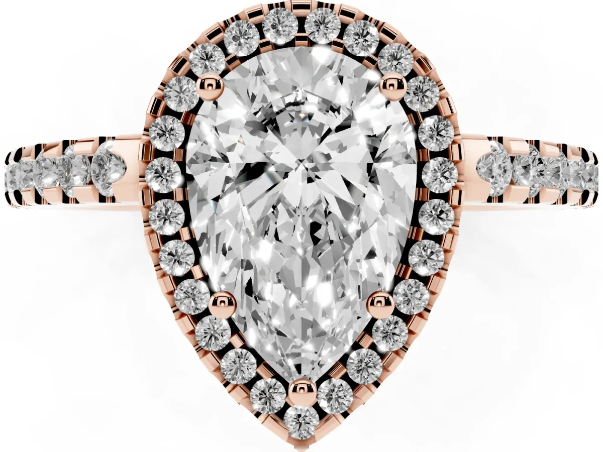 Pear Cut Diamond Halo Engagement Ring with Pavé Band and Prong Setting Rose gold