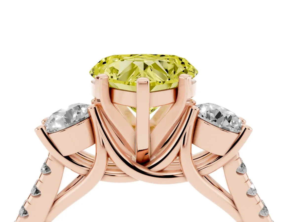Fancy Yellow Three-Stone Heart Cut Diamond Pavé Band with Four-Prong Setting Rose gold