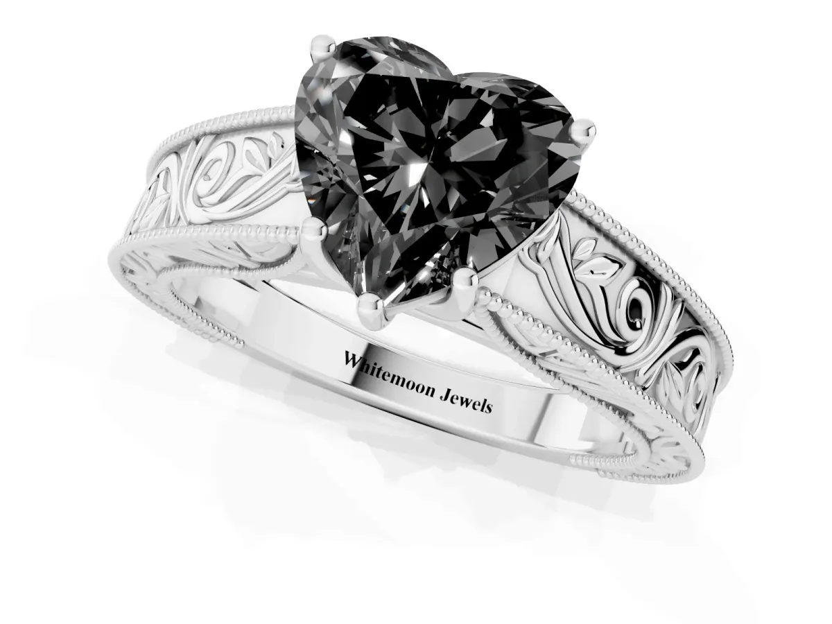 Fancy Black Heart Cut Diamond Solitaire Ring with Engraved Band and Four-Prong Setting Platinum
