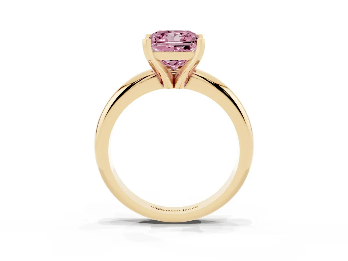 Fancy Pink Princess Cut Diamond Solitaire Engagement Ring with Round Band and Four-Prong Setting Yellow gold