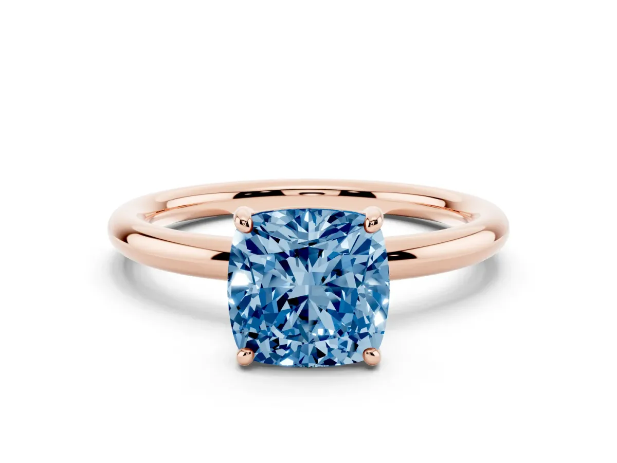 Fancy Blue Cushion Cut Solitaire Diamond Ring with Four-Prong Setting on a Plain Band Rose gold
