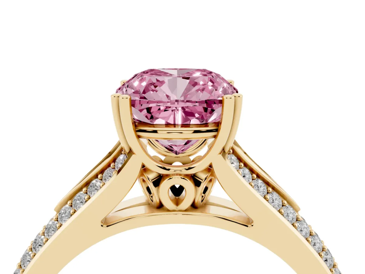 Fancy Pink Cushion Cut Diamond Split Shank Engagement Ring with Pavé Band Yellow gold