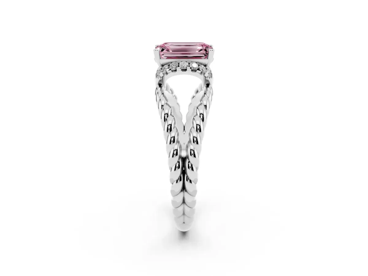 Fancy Pink Emerald Cut Halo Twisted Band Four-Prong Ring Silver