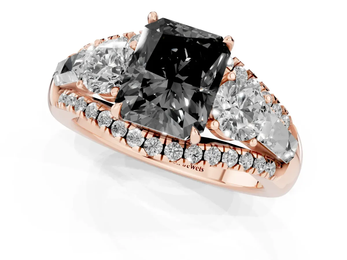 Fancy Black Three-Stone Radiant Cut Diamond Engagement Ring with Pave Band and Prong Setting Rose gold