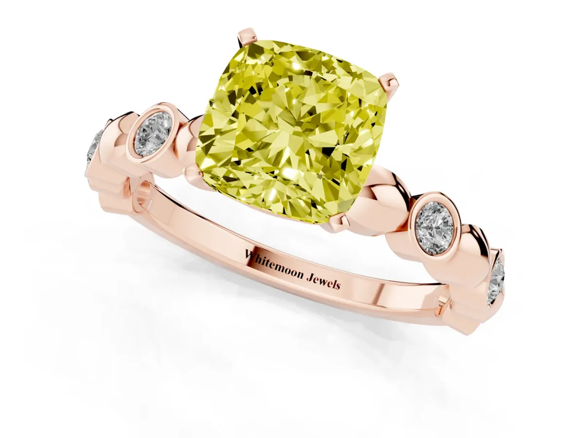 Fancy Yellow Cushion Cut Solitaire Bezel-Set Diamond Ring with Beaded Band and Four-Prong Setting Rose gold