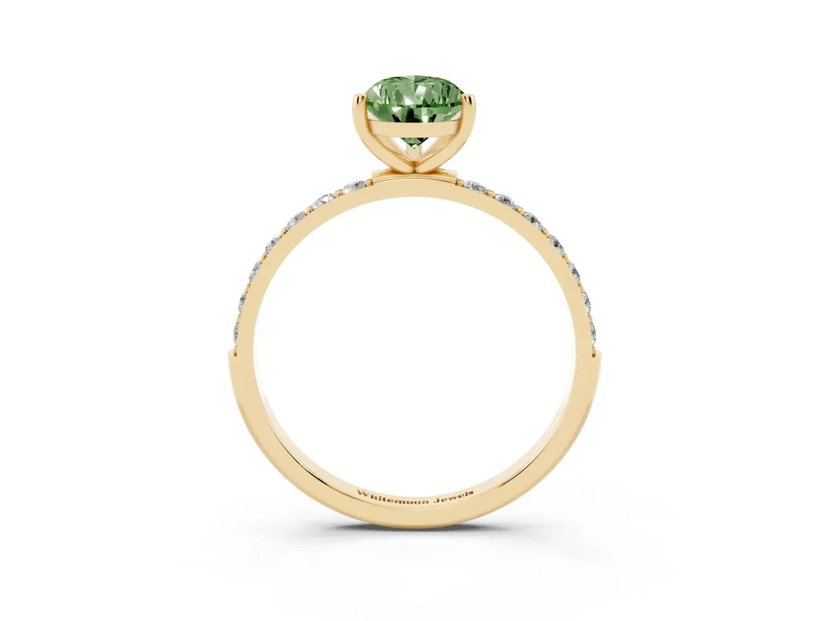 Fancy Green Pear Cut Diamond Solitaire Ring with Round Pavé Shoulders and Prong Setting Yellow gold