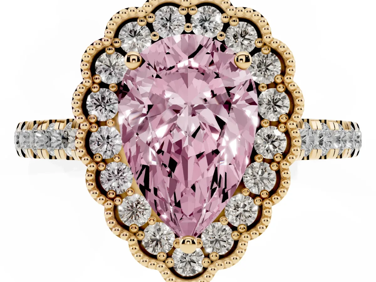 Fancy Pink Pear Cut Cut Diamond Milgrain Floral Halo Engagement Ring with Pavé Band Yellow gold