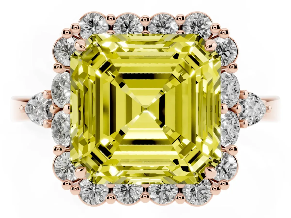 Fancy Yellow Asscher Cut Diamond Halo Ring with Pear Side Stones and Prong Setting Rose gold