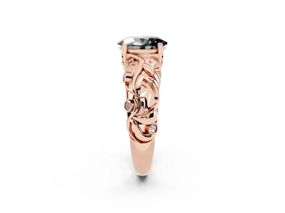 Fancy Black Oval Cut Solitaire Diamond Leaf-Inspired Vine Band Ring with Prong Setting Rose gold