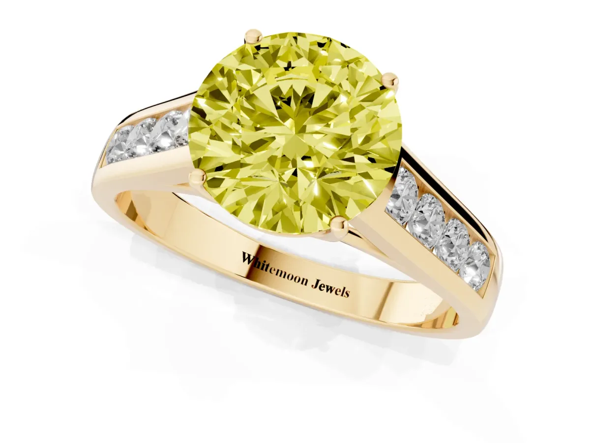 Fancy Yellow Round Cut Brilliant Channel-Set Solitaire Ring with Four-Prong Setting Yellow gold