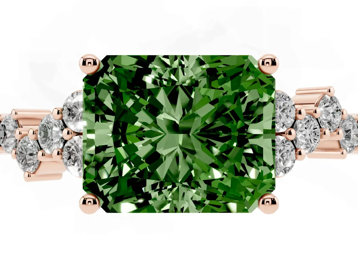 Fancy Green Radiant Cut Diamond Scattered Round Accent Ring with Prong Setting Rose gold