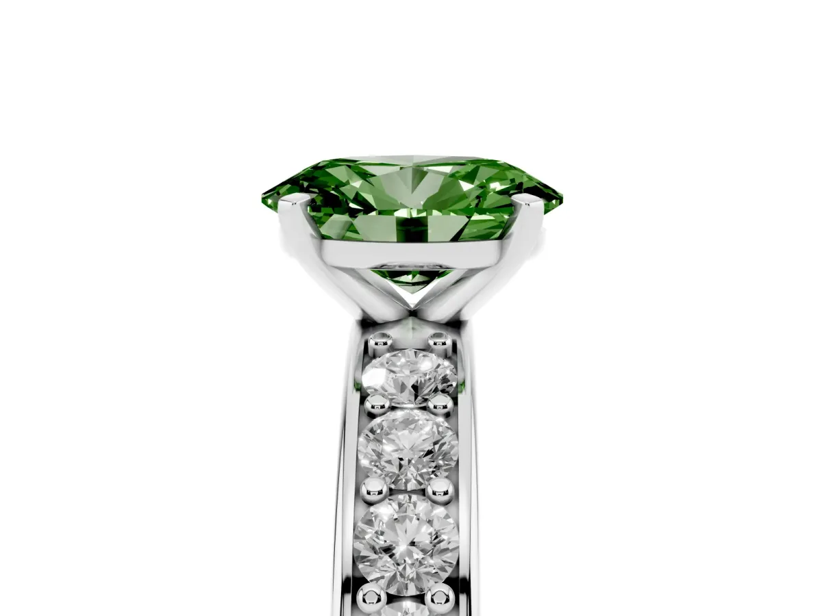 Fancy Green Oval Cut Diamond Engagement Ring with Channel Set Round Band and Prong Setting Platinum