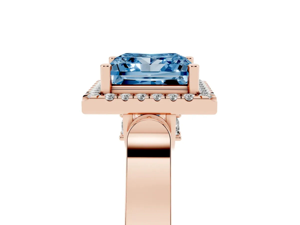 Fancy Blue Princess Cut Halo Round Diamond Twist Band with Four-Prong Setting Rose gold