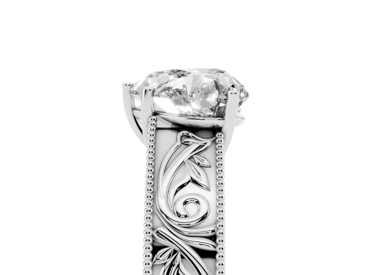 Heart Cut Diamond Solitaire Ring with Engraved Band and Four-Prong Setting White gold