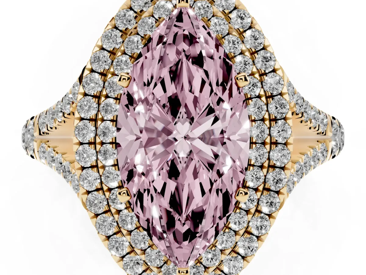 Fancy Pink Double Halo Marquise Cut Diamond Split Shank Engagement Ring with Four-Prong Setting Yellow gold