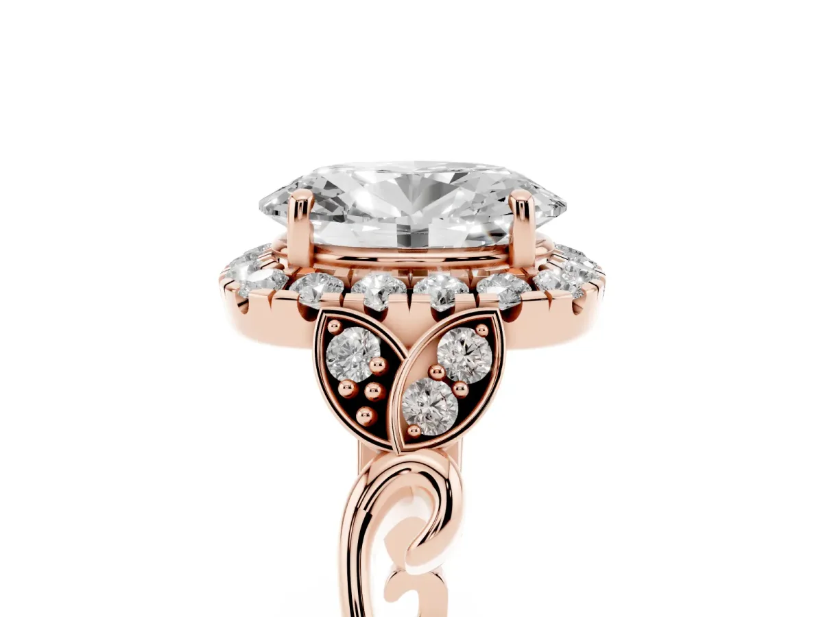 Oval Cut Halo Diamond Engagement Ring with Vintage-Inspired Band and Four-Prong Setting Rose gold