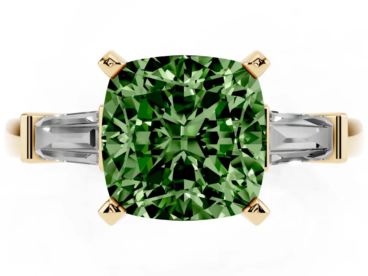 Fancy Green Cushion Cut Cut Diamond Solitaire Ring with Tapered Baguette Accents and Four-Prong Setting Yellow gold