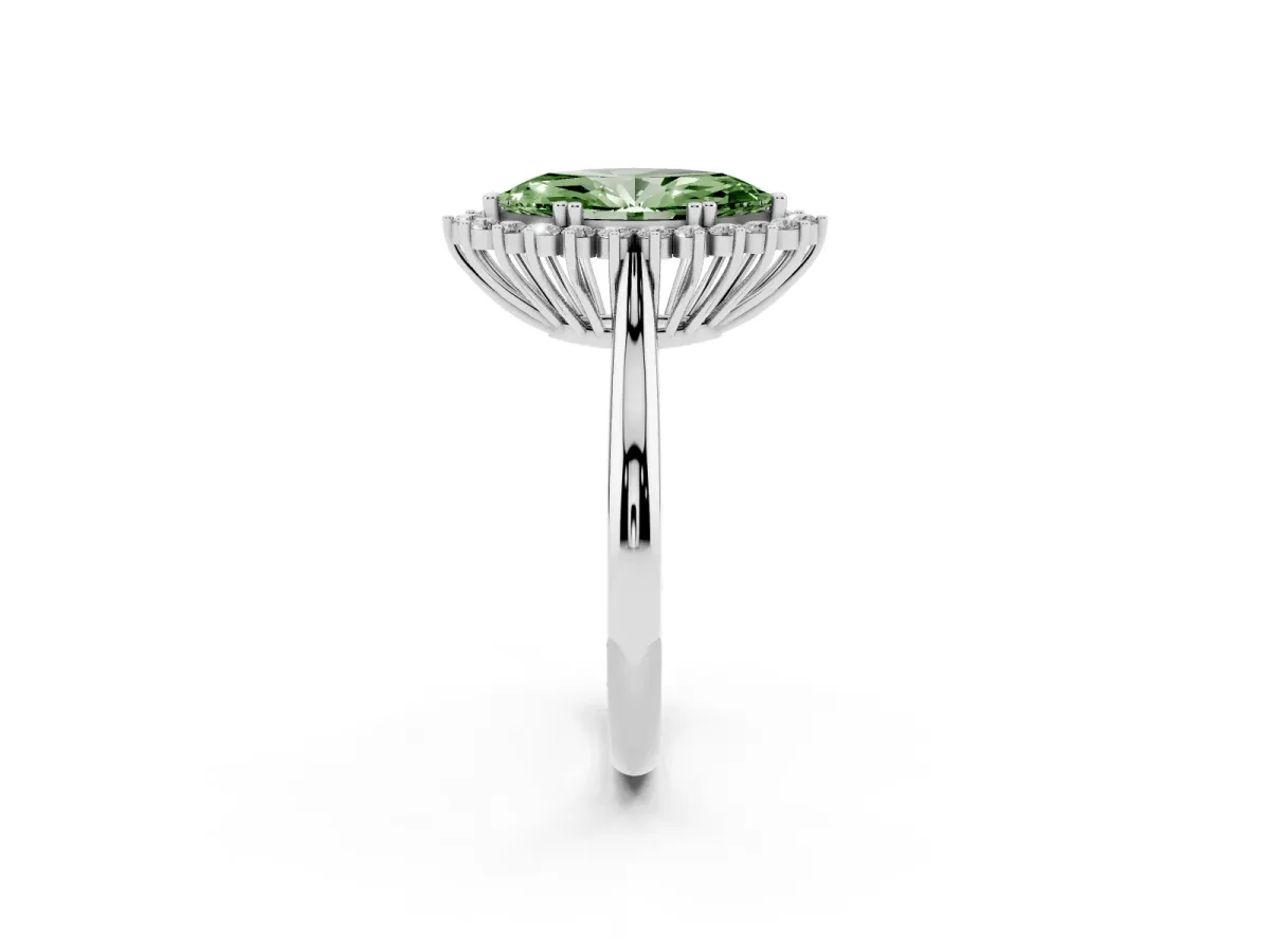 Fancy Green Marquise Cut Cut Diamond Halo Ring with Solitaire Band and Prong Setting Platinum