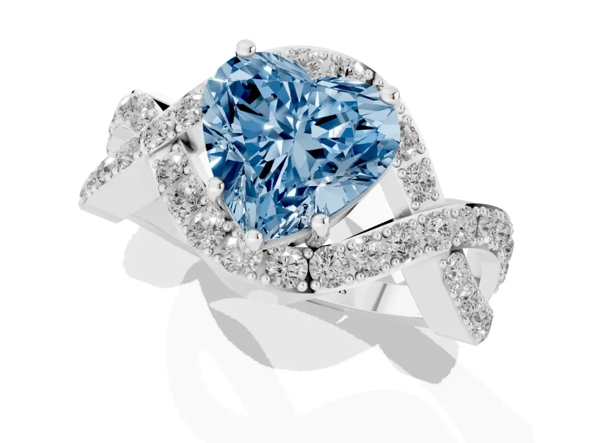 Fancy Blue Heart Cut Solitaire Twist Band Pavé Diamond Engagement Ring Silver