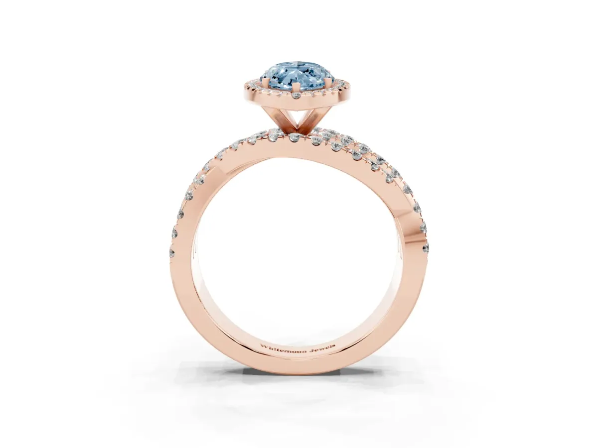 Fancy Blue Marquise Cut Diamond Halo Ring with Round Split Shank and Prong Setting Rose gold