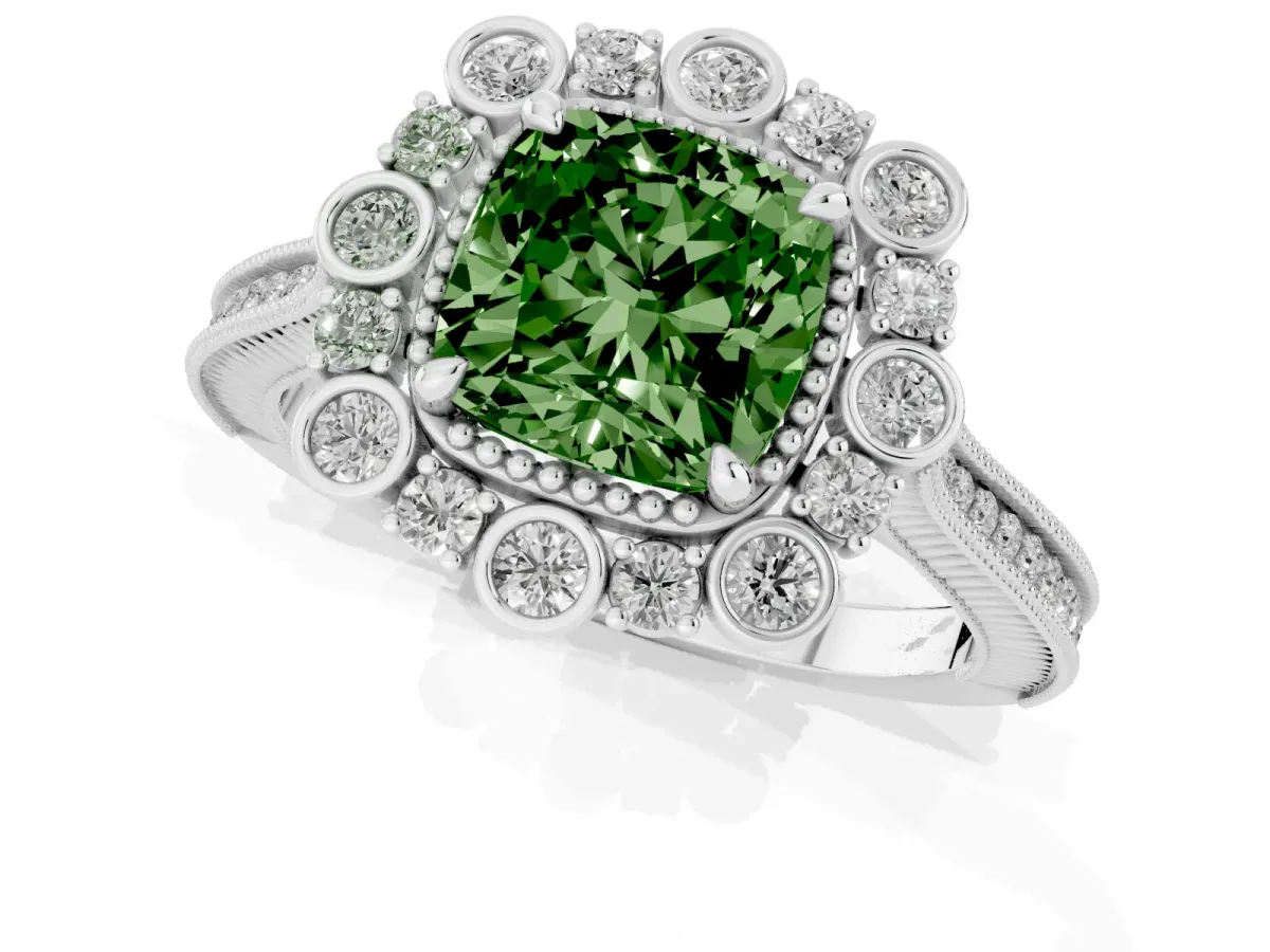 Fancy Green Cushion Cut Halo Milgrain Pave Diamond Ring with Four-Prong Setting Silver