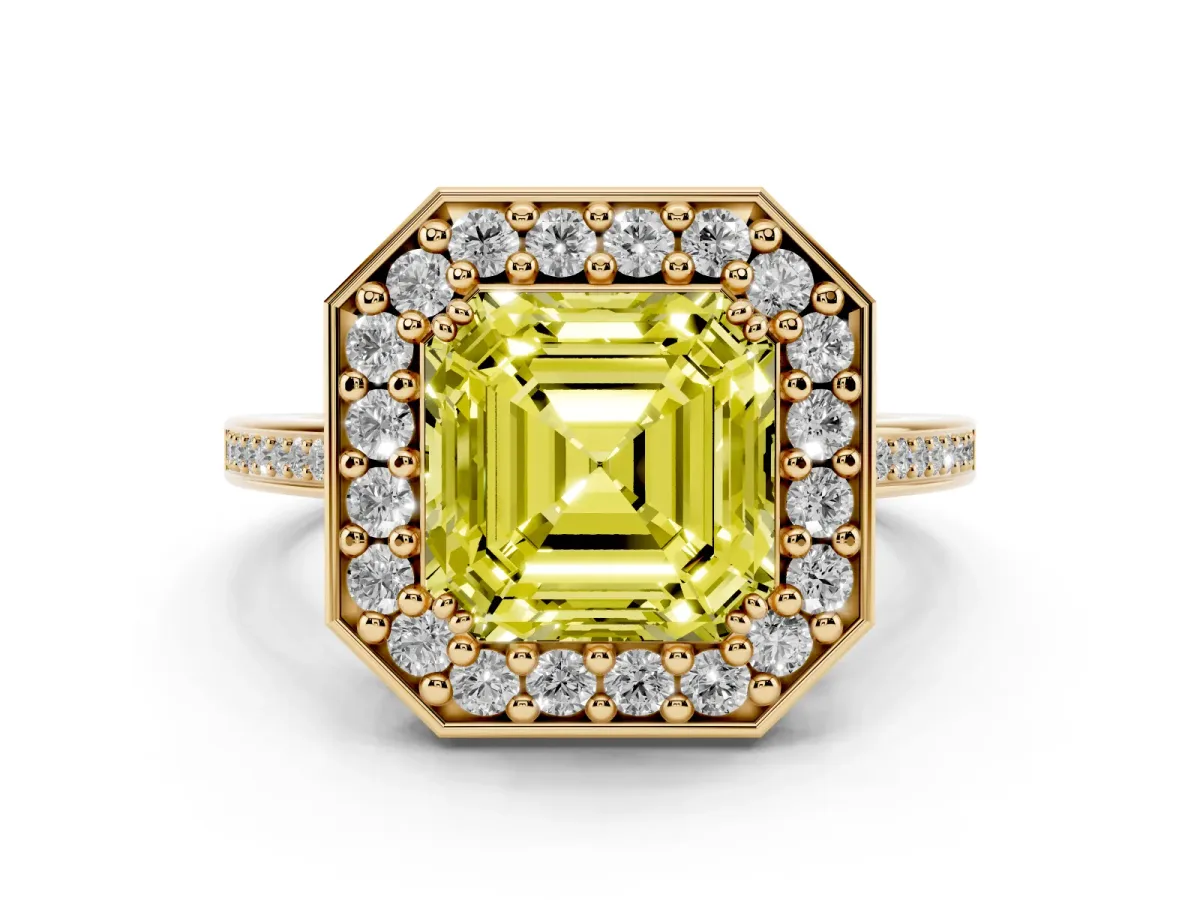 Fancy Yellow Asscher Cut Diamond Halo Ring with Split Shank and Four-Prong Setting Yellow gold