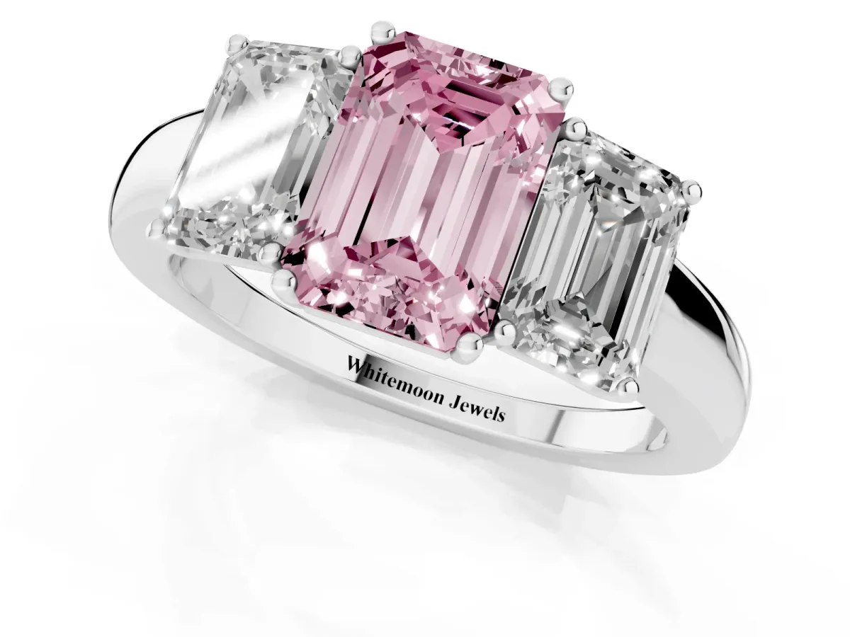 Fancy Pink Emerald Cut Diamond Three-Stone Ring with Four-Prong Setting and Classic Band Silver