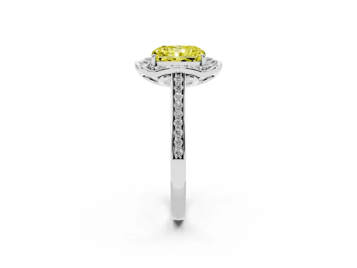 Fancy Yellow Radiant Cut Halo Round Diamond Pave Band with Four-Prong Setting Platinum