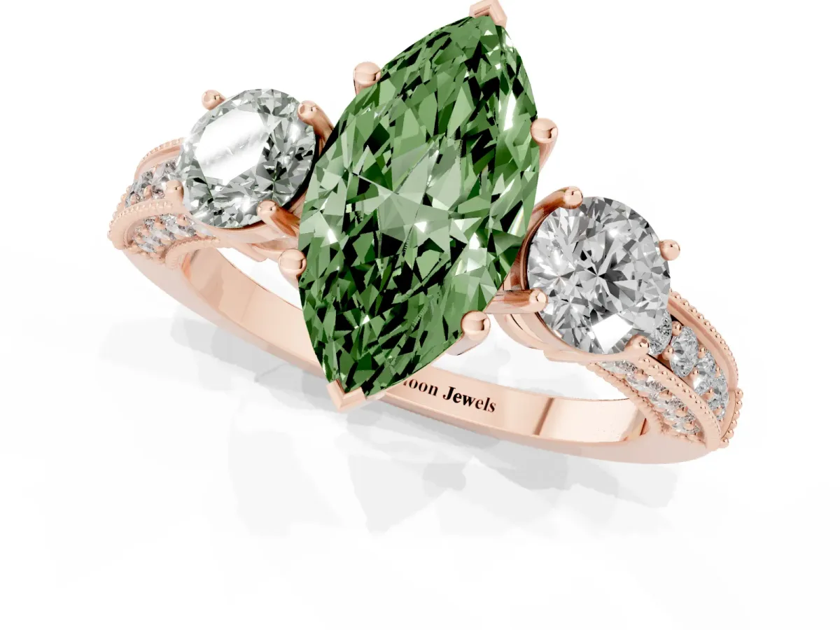 Fancy Green Marquise Cut Three-Stone Diamond Ring with Pavé Band and Four-Prong Setting Rose gold