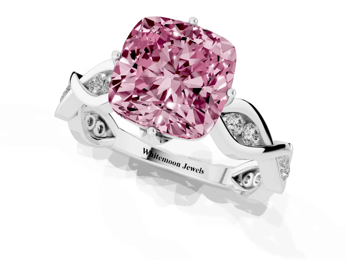 Fancy Pink Cushion Cut Solitaire Twist Band with Leaf Prong Setting Platinum