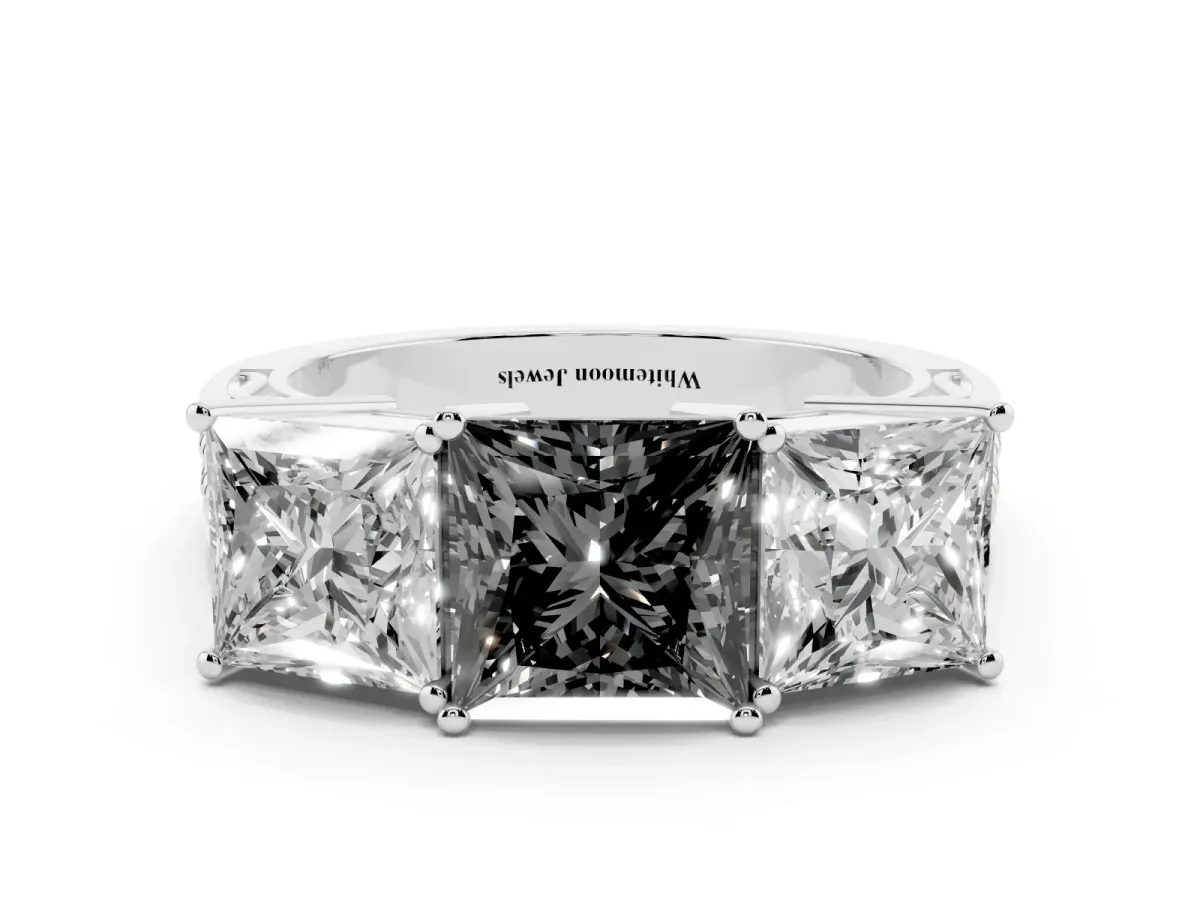 Fancy Black Princess Cut Diamond Three-Stone Ring with Prong Setting and Textured Band Silver