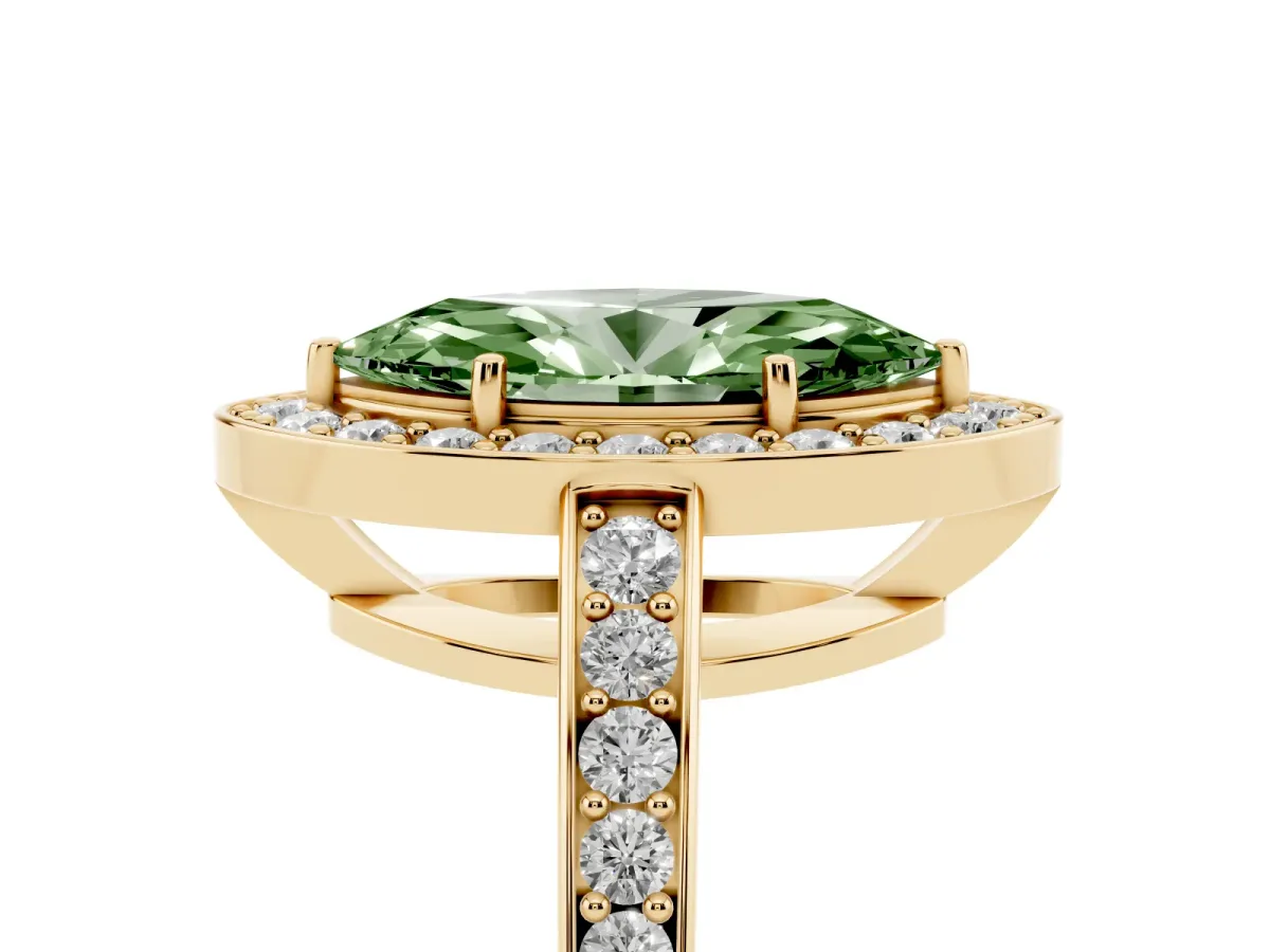 Fancy Green Marquise Cut Halo Pavé Diamond Engagement Ring with Bezel Setting Yellow gold
